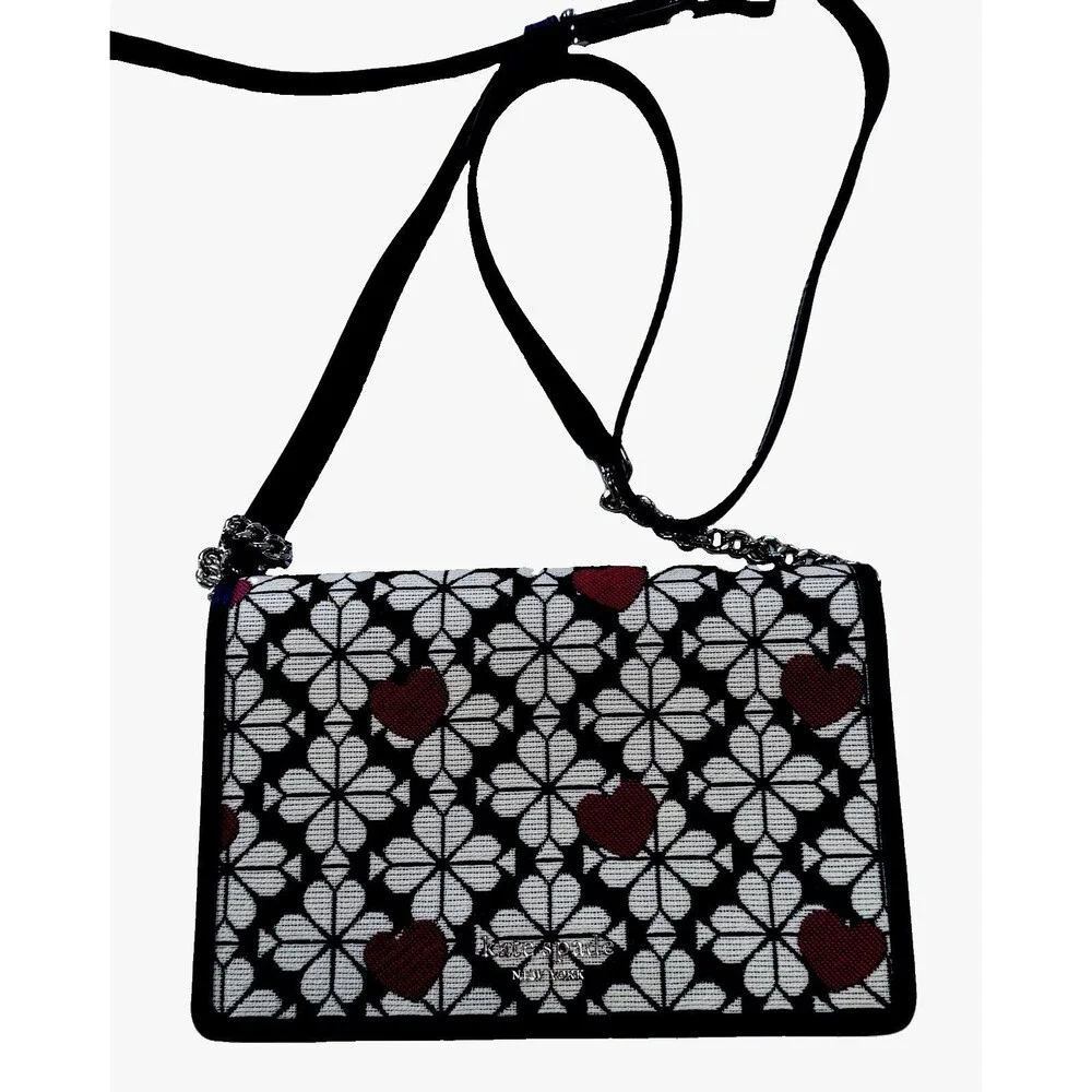 New Kate Spade Flower Jacquard Hearts Chained Wallet purse handbag